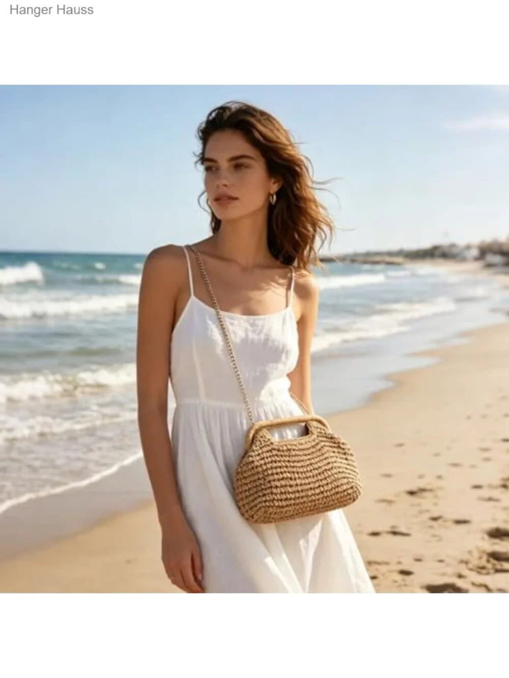 Woven Straw Dumpling Clutch Purse Handbag with Chain Strap Summer Beach Bag